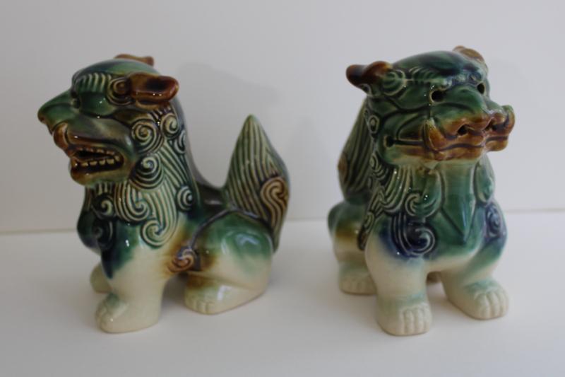 photo of vintage pair of ceramic foo dogs, little lion fu figurines or small statues #3