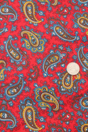 photo of vintage paisley print fabric, red, blue, brown, gold paisley printed cotton #1