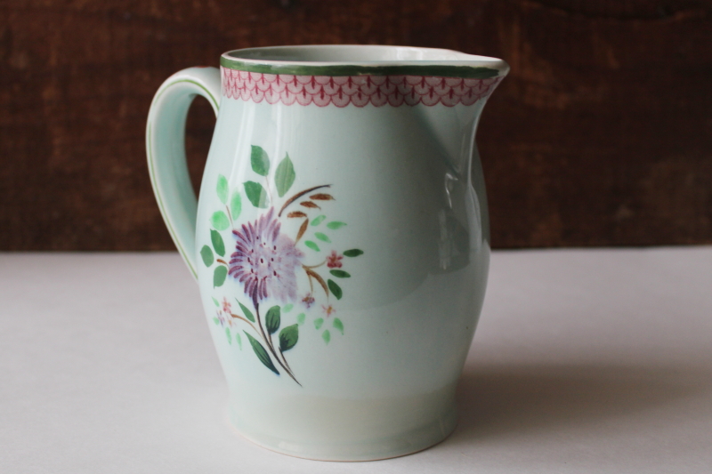 photo of vintage pale green Calyx Ware china, hand painted floral milk pitcher Adams Mandalay #3