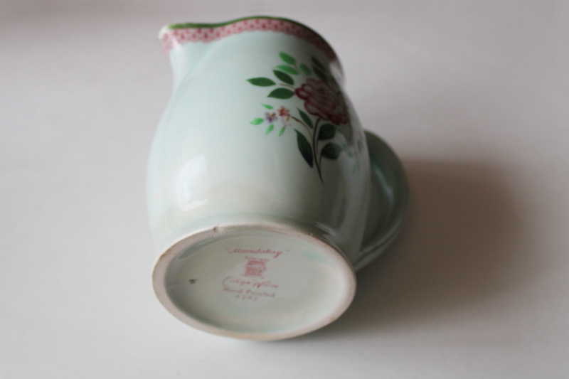 photo of vintage pale green Calyx Ware china, hand painted floral milk pitcher Adams Mandalay #4