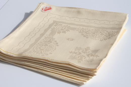 photo of vintage pale yellow cotton rayon damask tablecloth & dinner napkins set, Holland labels #7