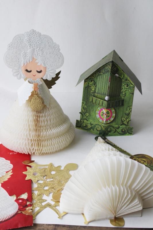 photo of vintage paper Christmas decorations, honeycomb tissue tree & angel, pop-up Santa cuckoo clock #1