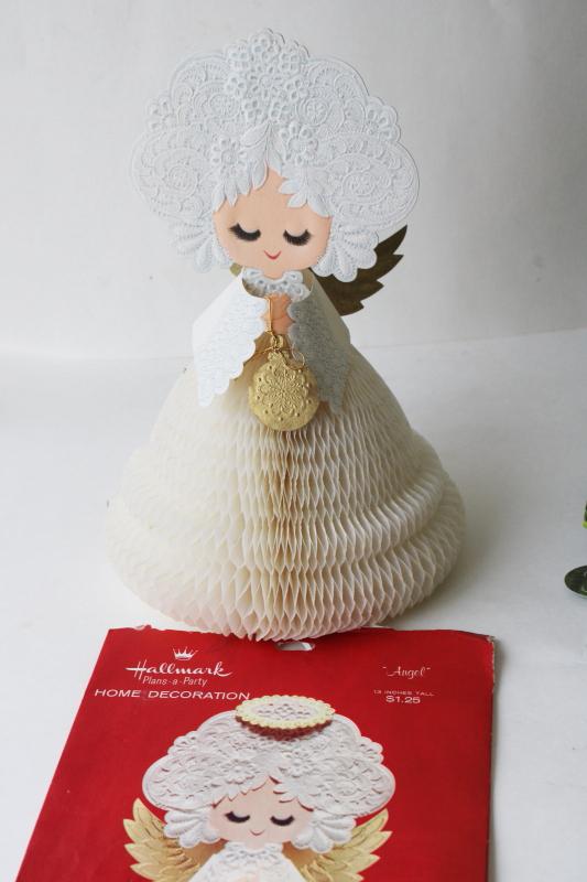 photo of vintage paper Christmas decorations, honeycomb tissue tree & angel, pop-up Santa cuckoo clock #2