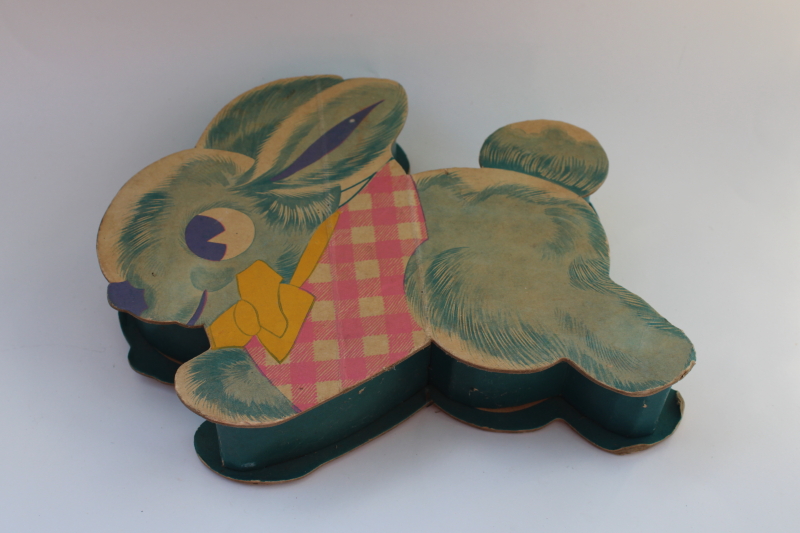 photo of vintage paper Easter bunny rabbit die cut cardboard candy box, spring party decoration #3