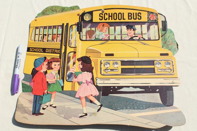 photo of vintage paper die-cut decorations, autumn fall leaves squirrels, back to school bus #9