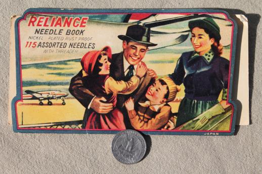 photo of vintage paper needle book, booklet of sewing needles w/ great old airplane graphics #1