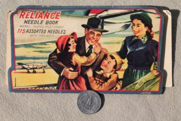 catalog photo of vintage paper needle book, booklet of sewing needles w/ great old airplane graphics