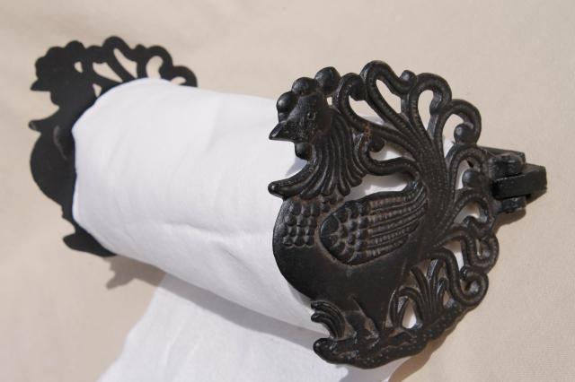 photo of vintage paper towel holder wall rack, country kitchen black cast iron rooster chicken #1