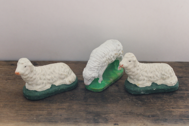 photo of vintage papier mache nativity sheep, West Germany putz figurines, paper mache lambs Easter spring decor #1