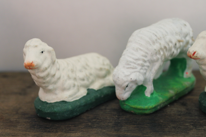 photo of vintage papier mache nativity sheep, West Germany putz figurines, paper mache lambs Easter spring decor  #2