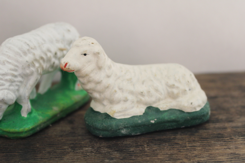 photo of vintage papier mache nativity sheep, West Germany putz figurines, paper mache lambs Easter spring decor  #3