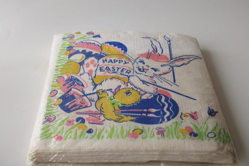 photo of vintage party paper napkins, Happy Easter print bunny & chick painting eggs #1