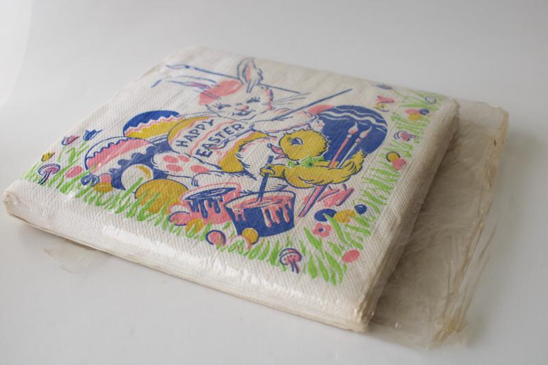 photo of vintage party paper napkins, Happy Easter print bunny & chick painting eggs #2