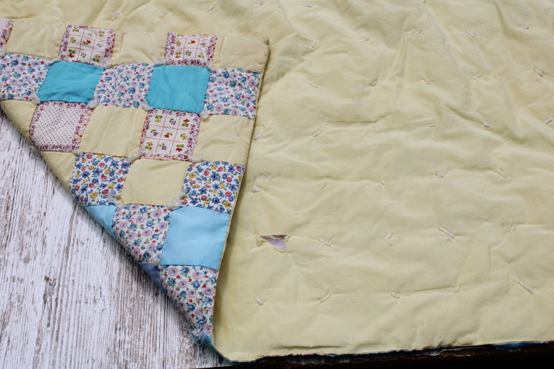 photo of vintage patchwork baby blanket, small tied quilt colorful cotton print puffy blocks #3