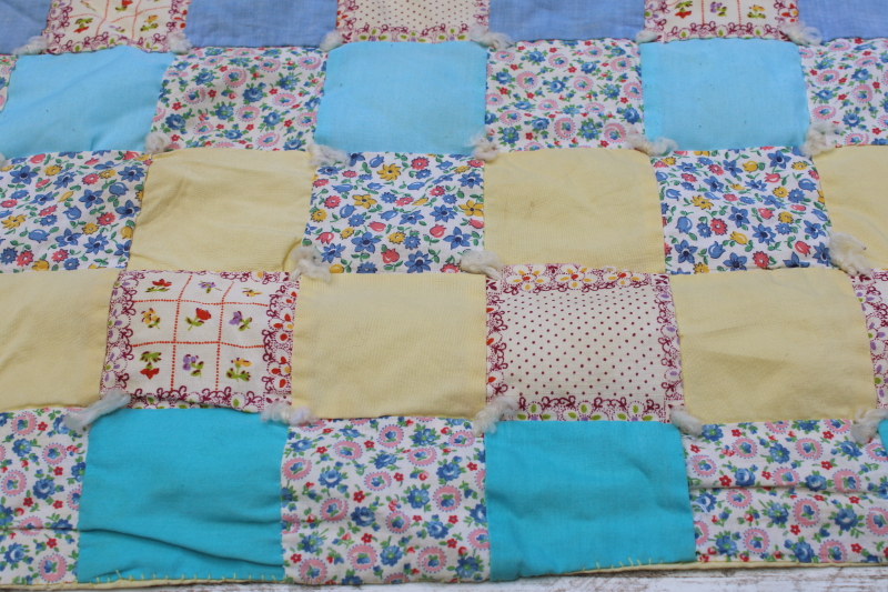 photo of vintage patchwork baby blanket, small tied quilt colorful cotton print puffy blocks #4