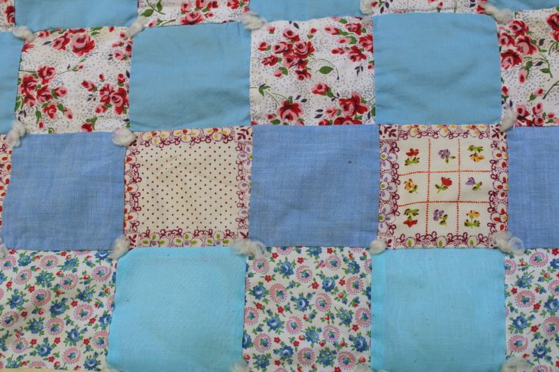 photo of vintage patchwork baby blanket, small tied quilt colorful cotton print puffy blocks #5