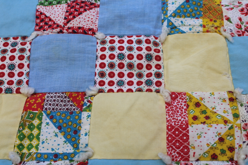photo of vintage patchwork baby blanket, small tied quilt colorful cotton print puffy blocks #6