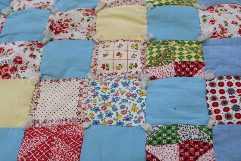 photo of vintage patchwork baby blanket, small tied quilt colorful cotton print puffy blocks #7