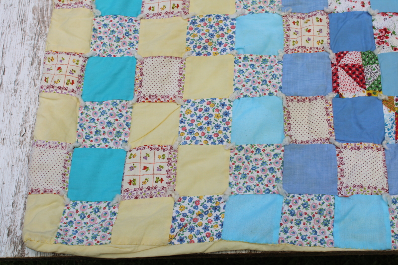 photo of vintage patchwork baby blanket, small tied quilt colorful cotton print puffy blocks #8
