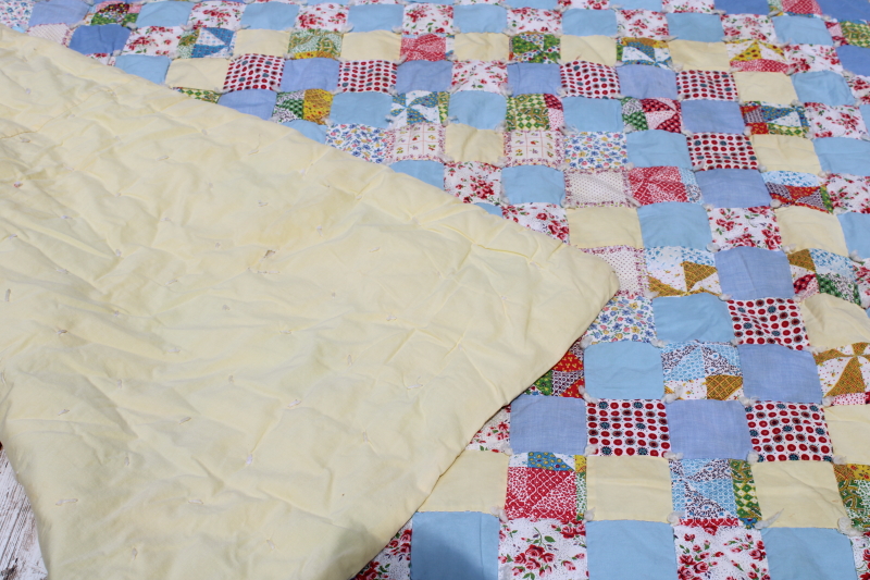 photo of vintage patchwork baby blanket, small tied quilt colorful cotton print puffy blocks #9