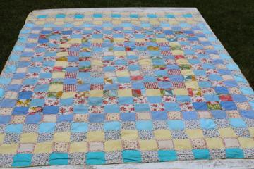 vintage patchwork baby blanket, small tied quilt colorful cotton print puffy blocks 