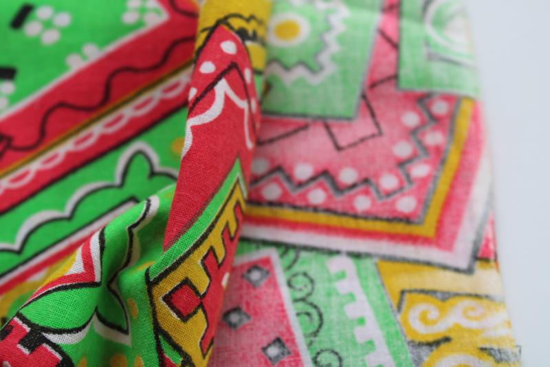 photo of vintage patchwork bandana print fabric, retro day-glo lime green, pink, yellow #2