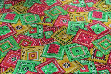 photo of vintage patchwork bandana print fabric, retro day-glo lime green, pink, yellow