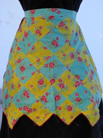 photo of vintage patchwork cotton apron, red roses print #1