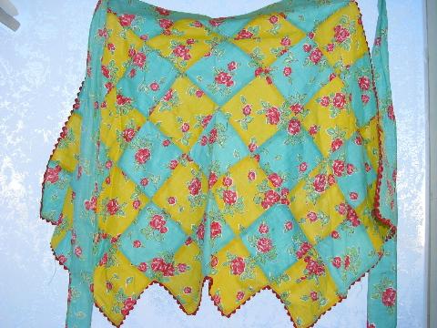 photo of vintage patchwork cotton apron, red roses print #2