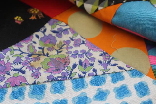 photo of vintage patchwork crazy quilt tops or bedspreads, bohemian retro 60s colorful prints #22