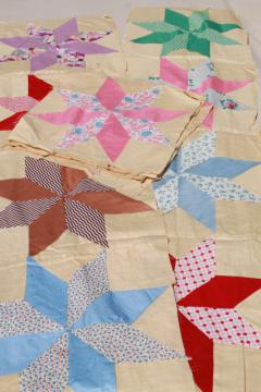 catalog photo of vintage patchwork quilt blocks, hand stitched stars pieced cotton prints & solid colors