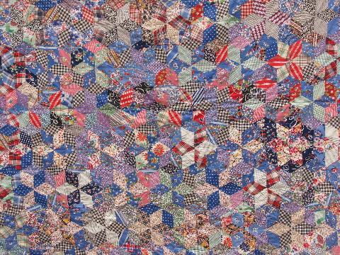 photo of vintage patchwork quilt, old cotton print fabric, pieced star pattern #1