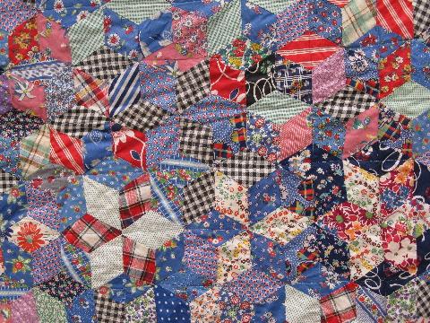 photo of vintage patchwork quilt, old cotton print fabric, pieced star pattern #2