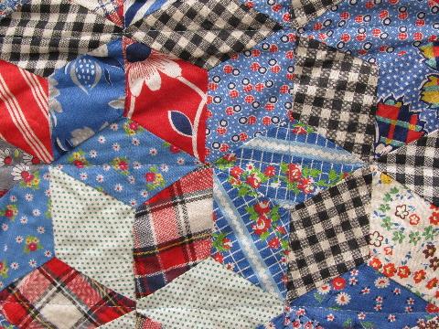 photo of vintage patchwork quilt, old cotton print fabric, pieced star pattern #4