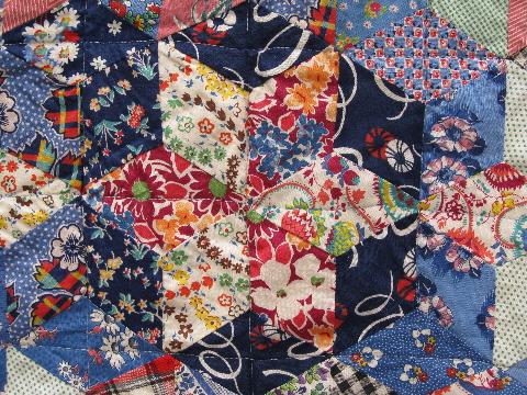 photo of vintage patchwork quilt, old cotton print fabric, pieced star pattern #5