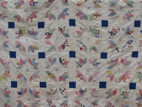 photo of vintage patchwork quilt, old cotton print fabric, primitive flowers #1