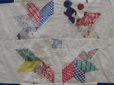 photo of vintage patchwork quilt, old cotton print fabric, primitive flowers #3