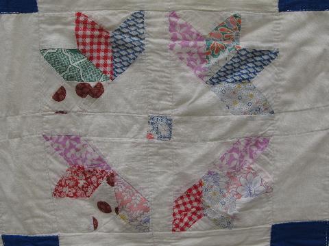 photo of vintage patchwork quilt, old cotton print fabric, primitive flowers #5