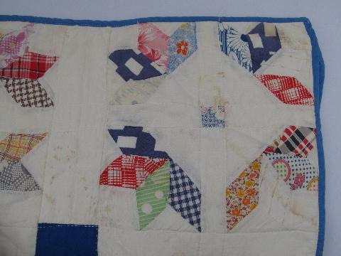 photo of vintage patchwork quilt, old cotton print fabric, primitive flowers #8