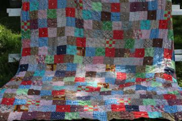 catalog photo of vintage patchwork quilt or tied comforter, bright cotton prints country prairie girl style