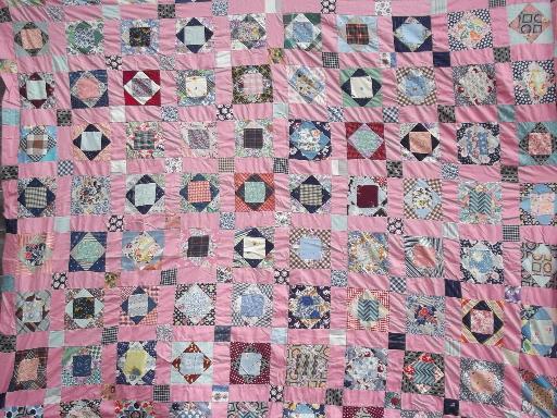 photo of vintage patchwork quilt top, hand stitched pieced cotton fabric prints #2