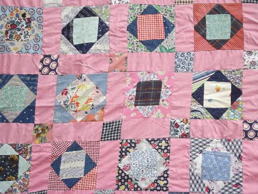 photo of vintage patchwork quilt top, hand stitched pieced cotton fabric prints #3