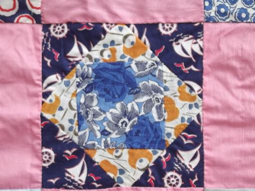 photo of vintage patchwork quilt top, hand stitched pieced cotton fabric prints #4