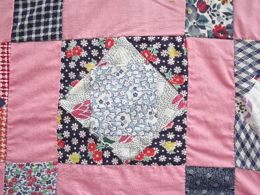 photo of vintage patchwork quilt top, hand stitched pieced cotton fabric prints #6