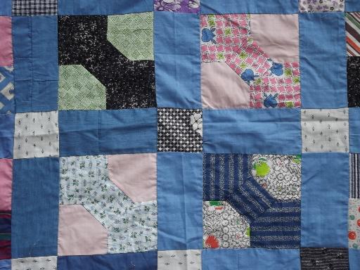 photo of vintage patchwork quilt top, hand stitched pieced cotton fabric prints #2