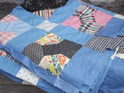 photo of vintage patchwork quilt top, hand stitched pieced cotton fabric prints #7