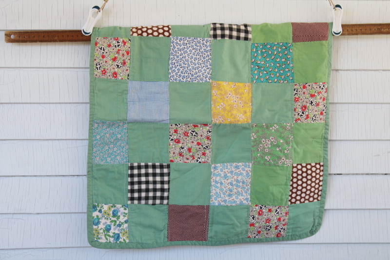 photo of vintage patchwork quilt wall hanging or table mat, doll bed size quilt print cotton fabrics #1