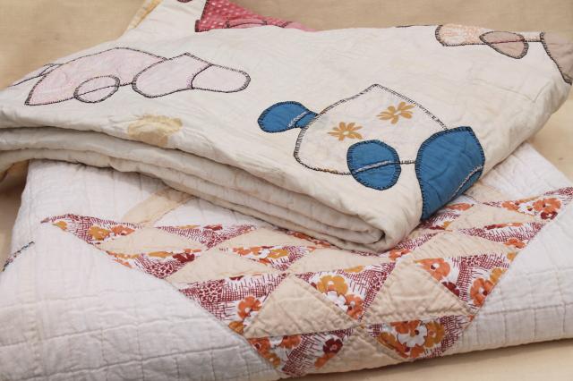 photo of vintage patchwork quilts, shabby cutter quilt lot upcycle fabric sunbonnet girl & flower basket #1