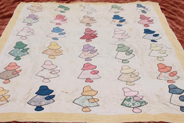 photo of vintage patchwork quilts, shabby cutter quilt lot upcycle fabric sunbonnet girl & flower basket #3