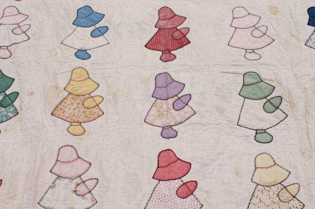 photo of vintage patchwork quilts, shabby cutter quilt lot upcycle fabric sunbonnet girl & flower basket #4